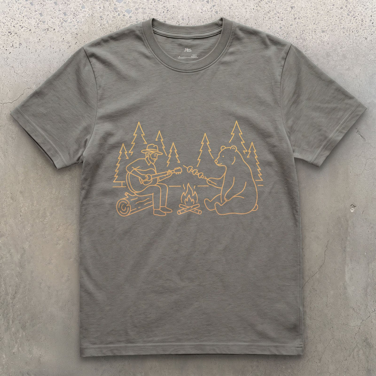 Sharing the Fire With a Bear design on a Charcoal Gildan Softstyle t-shirt