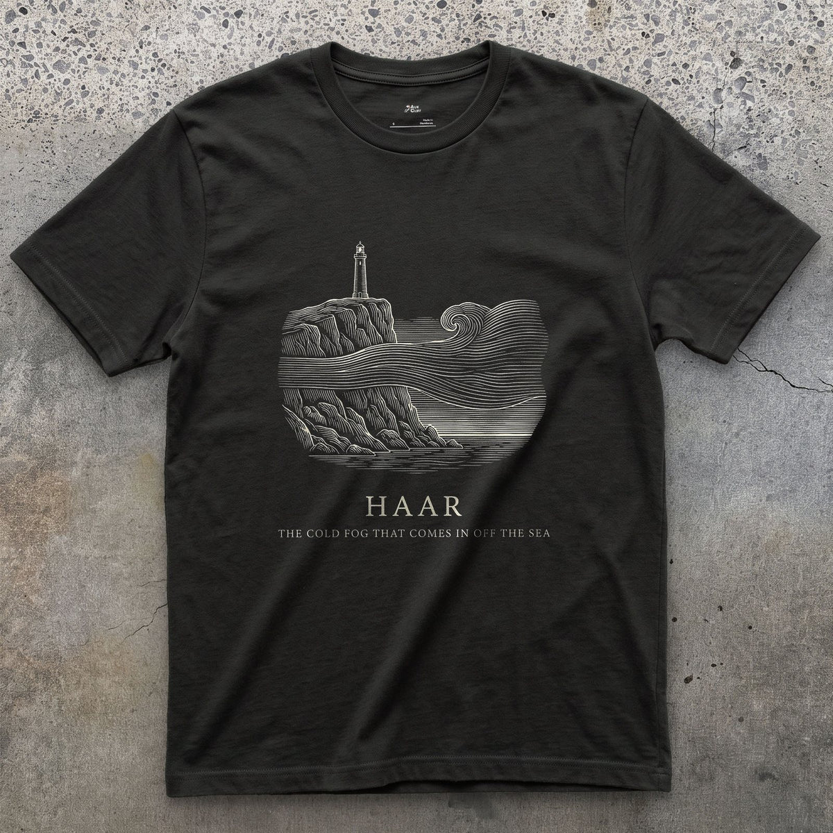 Haar, the Cold Fog That Comes in Off the Sea design on a Black Gildan Softstyle t-shirt