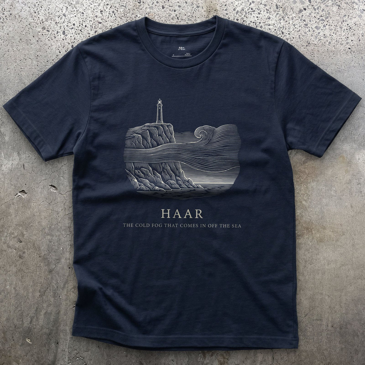 Haar, the Cold Fog That Comes in Off the Sea design on a Navy Gildan Softstyle t-shirt
