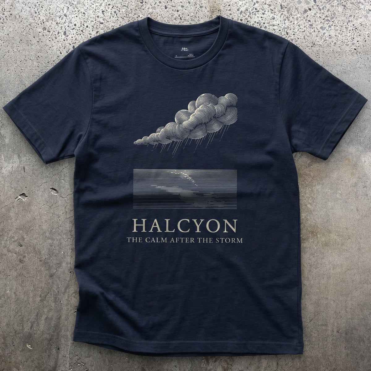 Halcyon, the Calm After the Storm design on a Navy Gildan Softstyle t-shirt