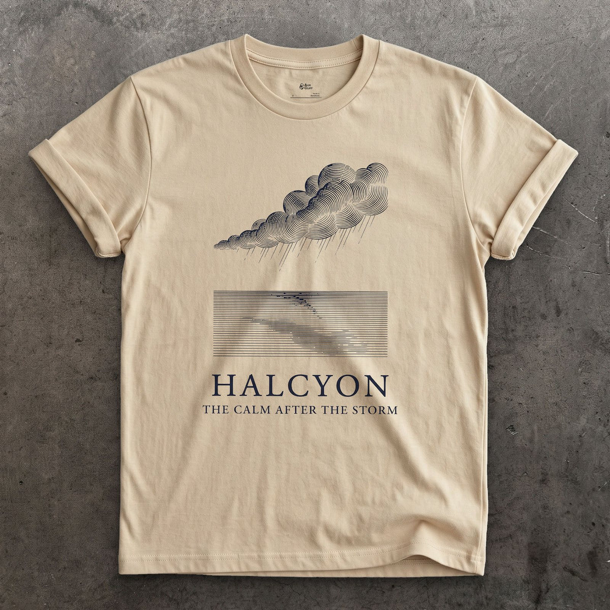 Halcyon, the Calm After the Storm design on a Sand Gildan Softstyle t-shirt