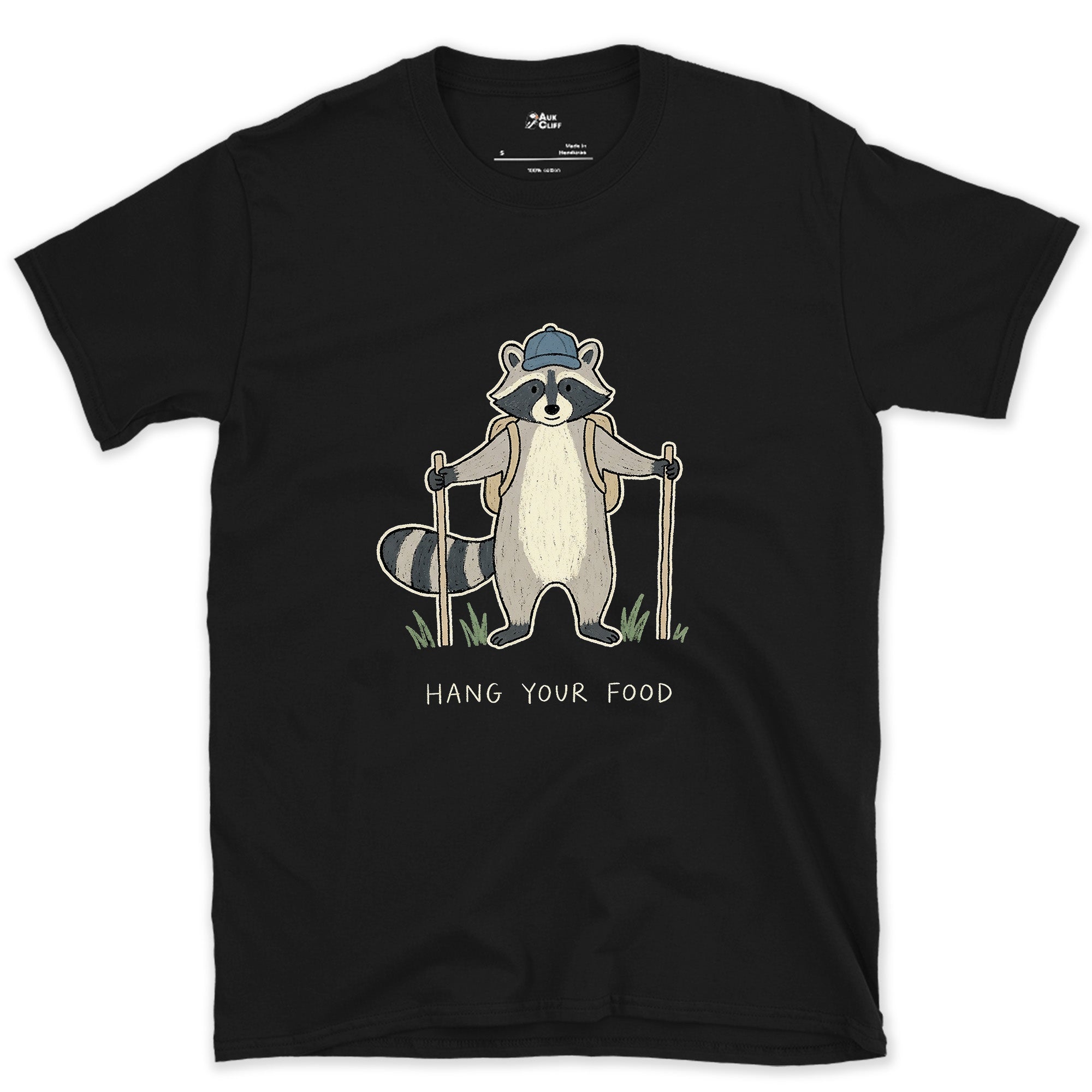 Hang Your Food, Raccoon Hiker design on a Black Gildan Softstyle t-shirt