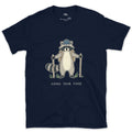 Hang Your Food, Raccoon Hiker design on a Navy Gildan Softstyle t-shirt
