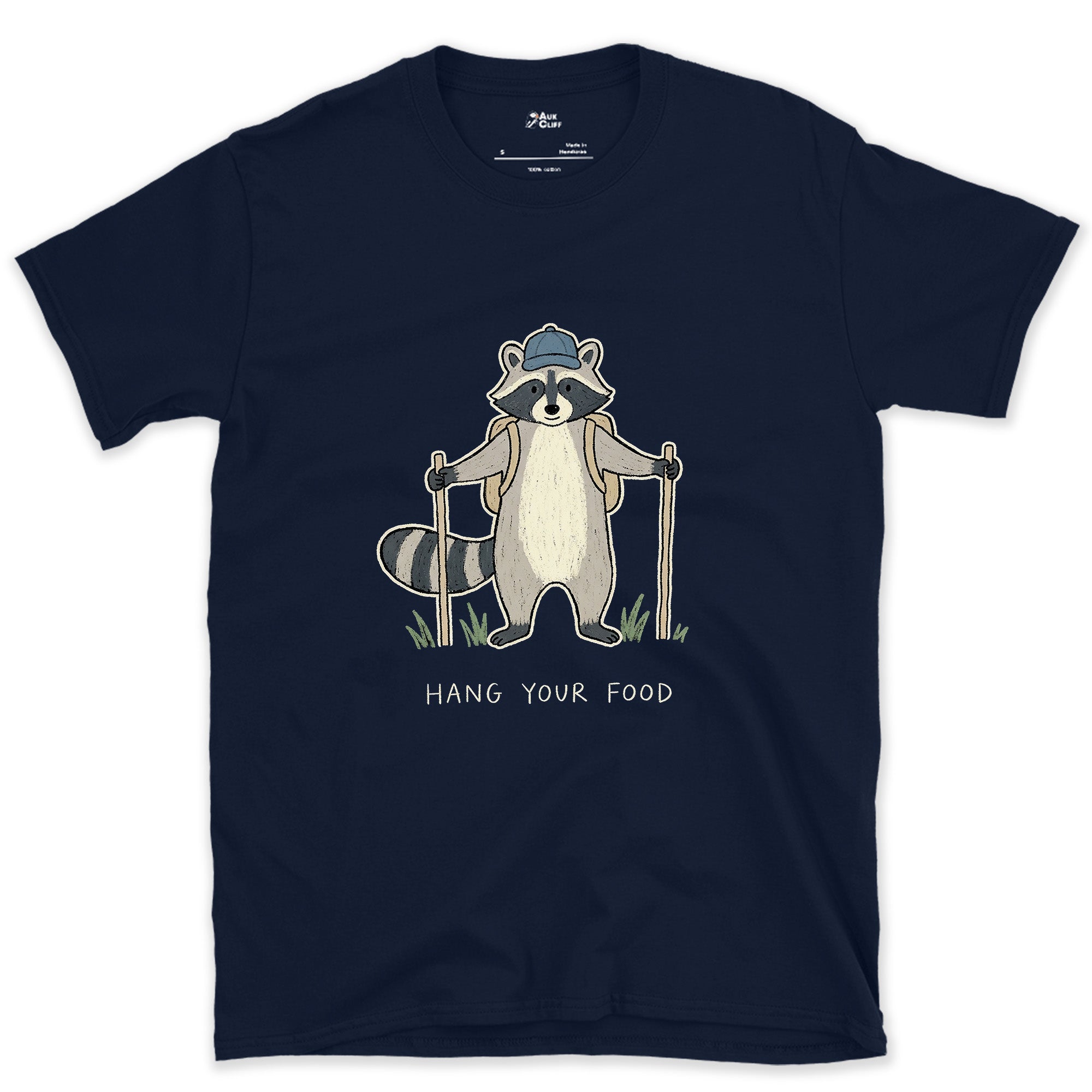 Hang Your Food, Raccoon Hiker design on a Navy Gildan Softstyle t-shirt