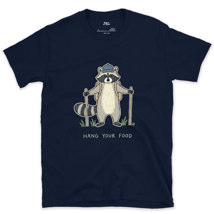 Hang Your Food, Raccoon Hiker design on a Navy Gildan Softstyle t-shirt