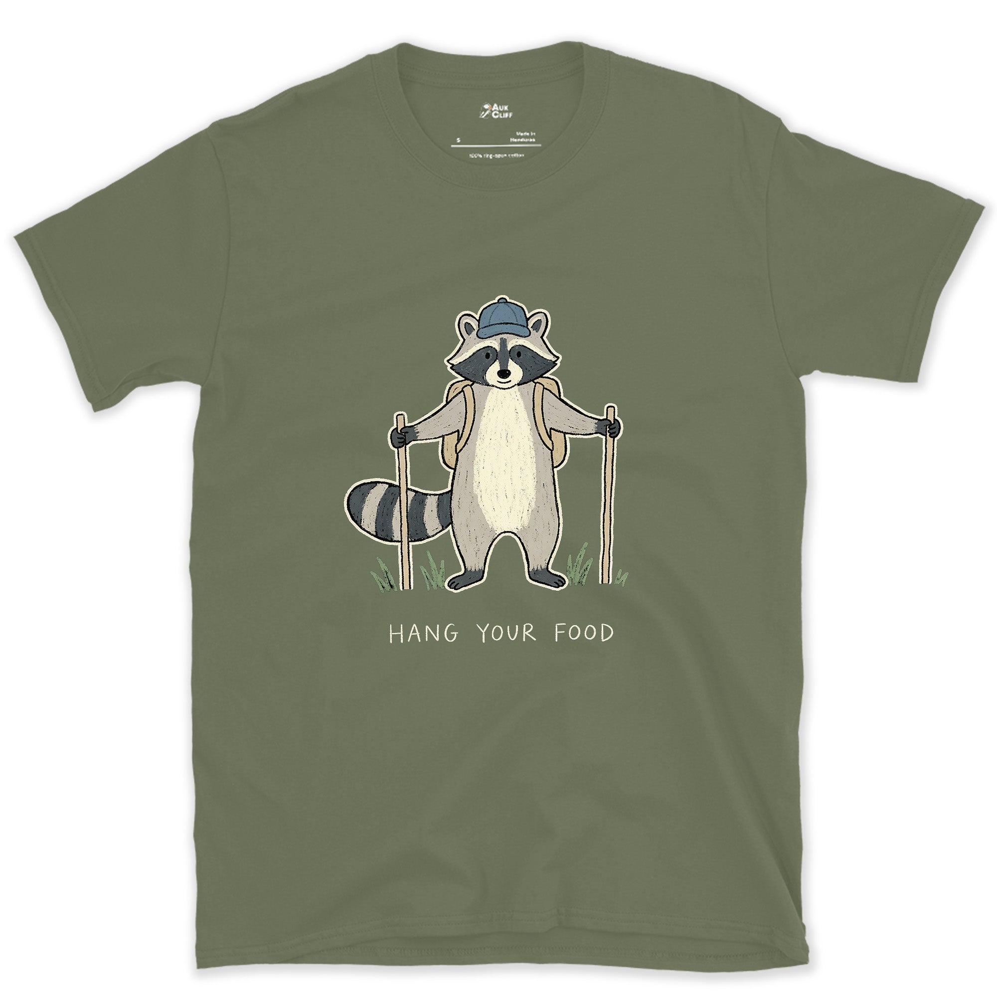 Hang Your Food, Raccoon Hiker design on a Military Green Gildan Softstyle t-shirt