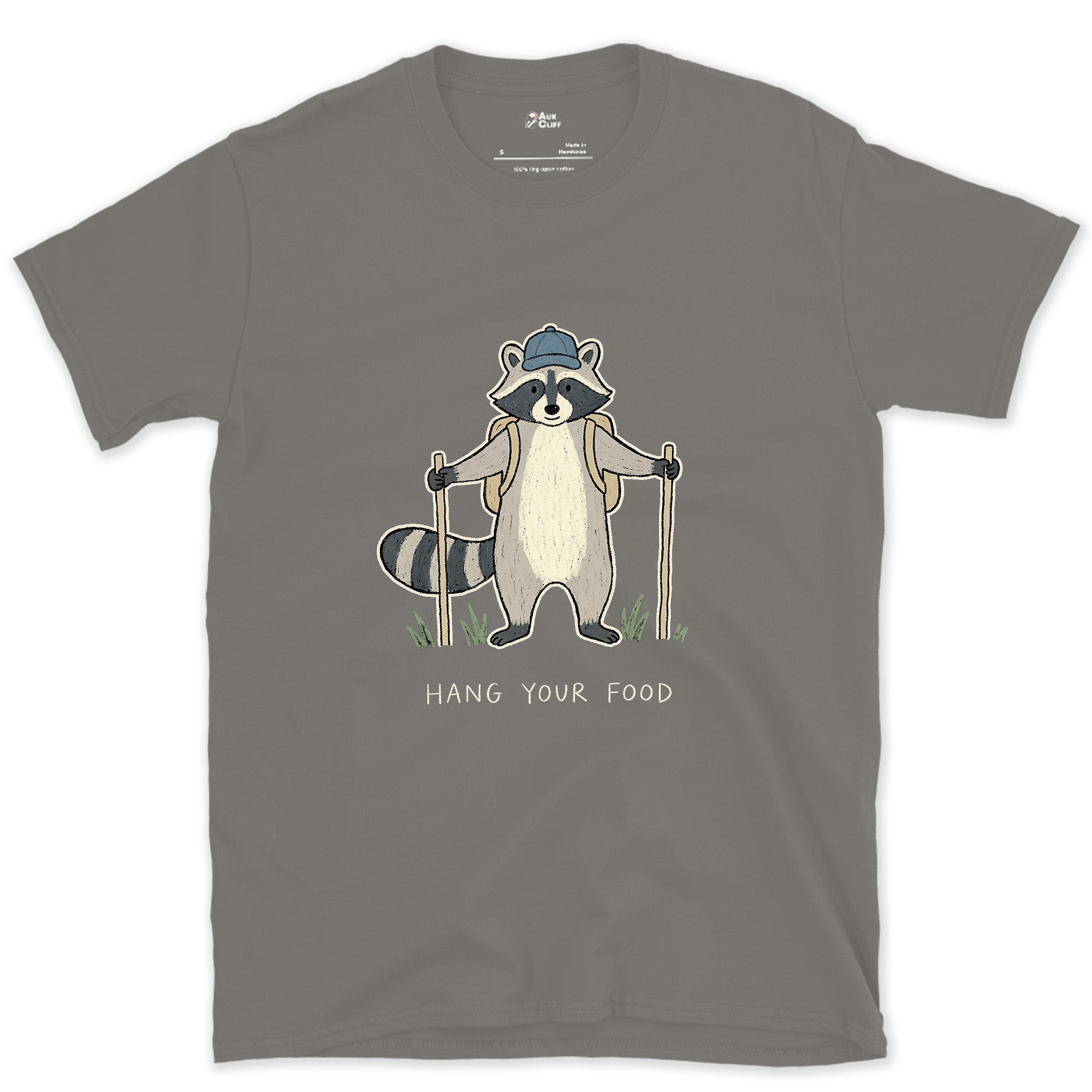Hang Your Food, Raccoon Hiker design on a Charcoal Gildan Softstyle t-shirt