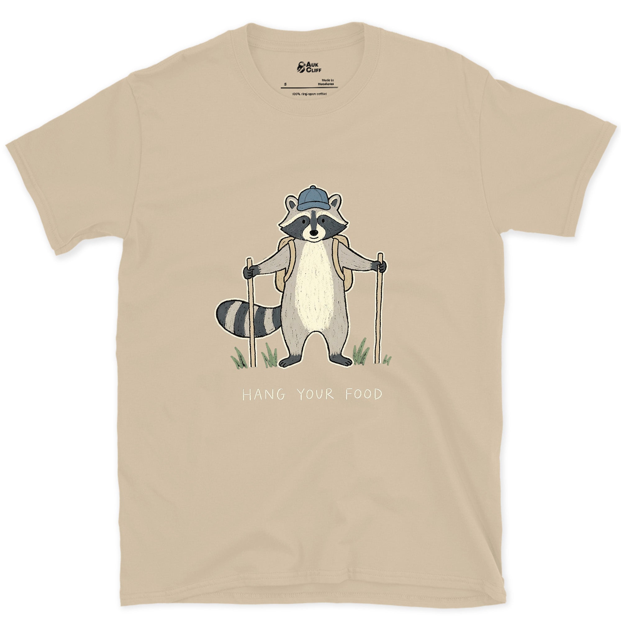 Hang Your Food, Raccoon Hiker design on a Sand Gildan Softstyle t-shirt