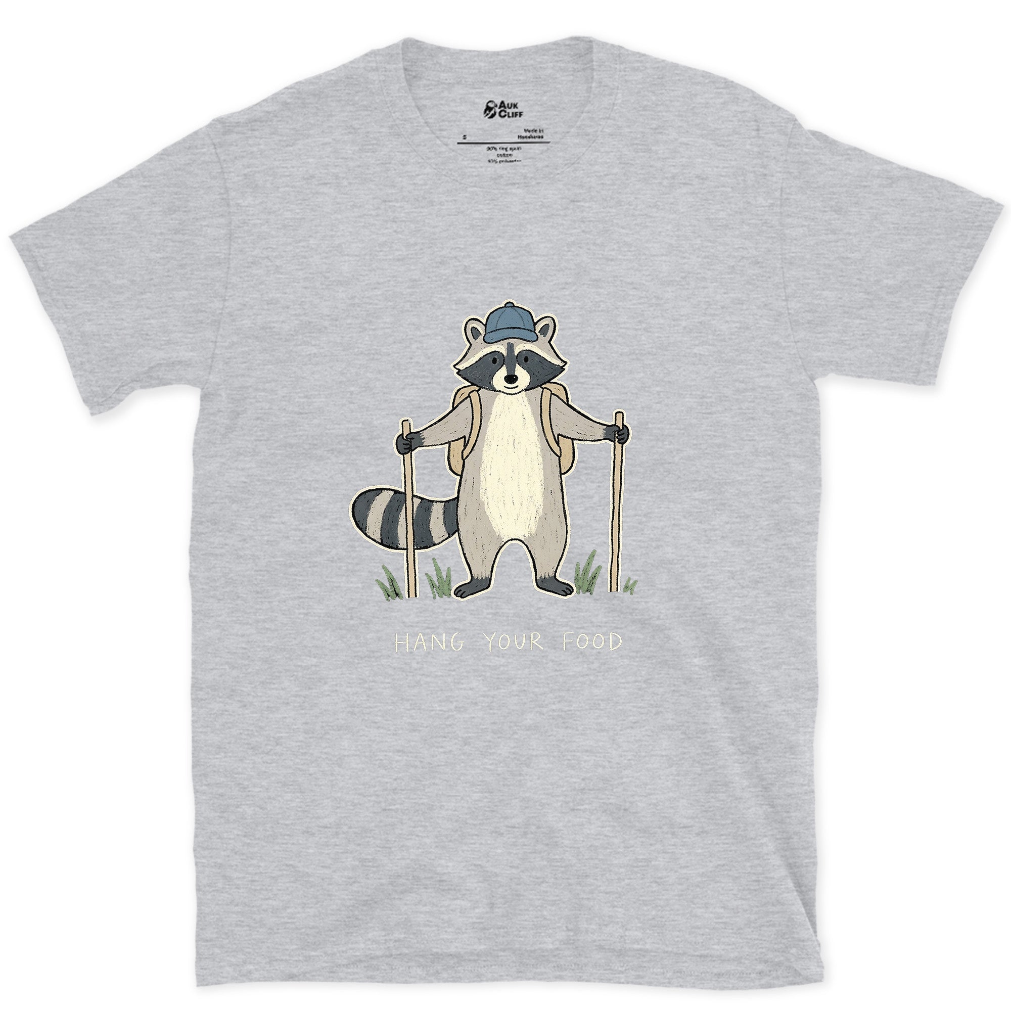 Hang Your Food, Raccoon Hiker design on a Sport Grey Gildan Softstyle t-shirt