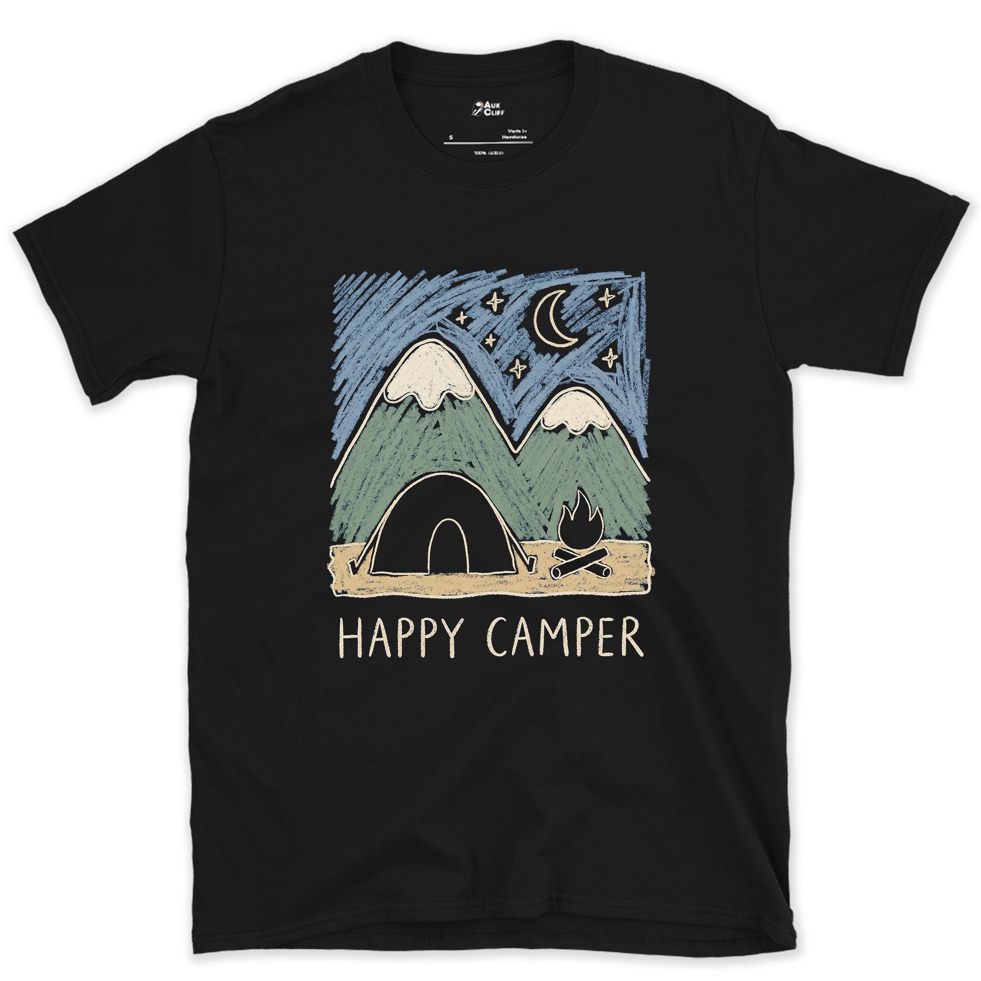 Happy Camper, Fire Below the Mountain design on a Black Gildan Softstyle t-shirt