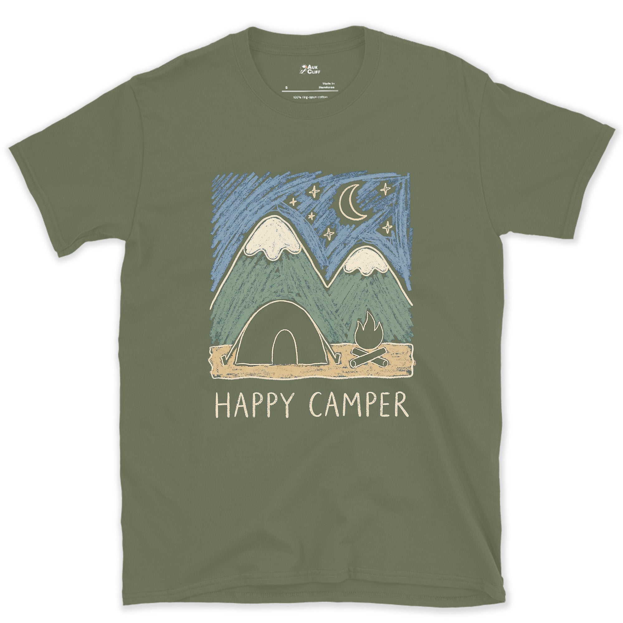 Happy Camper, Fire Below the Mountain design on a Military Green Gildan Softstyle t-shirt