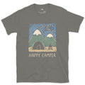 Happy Camper, Fire Below the Mountain design on a Charcoal Gildan Softstyle t-shirt