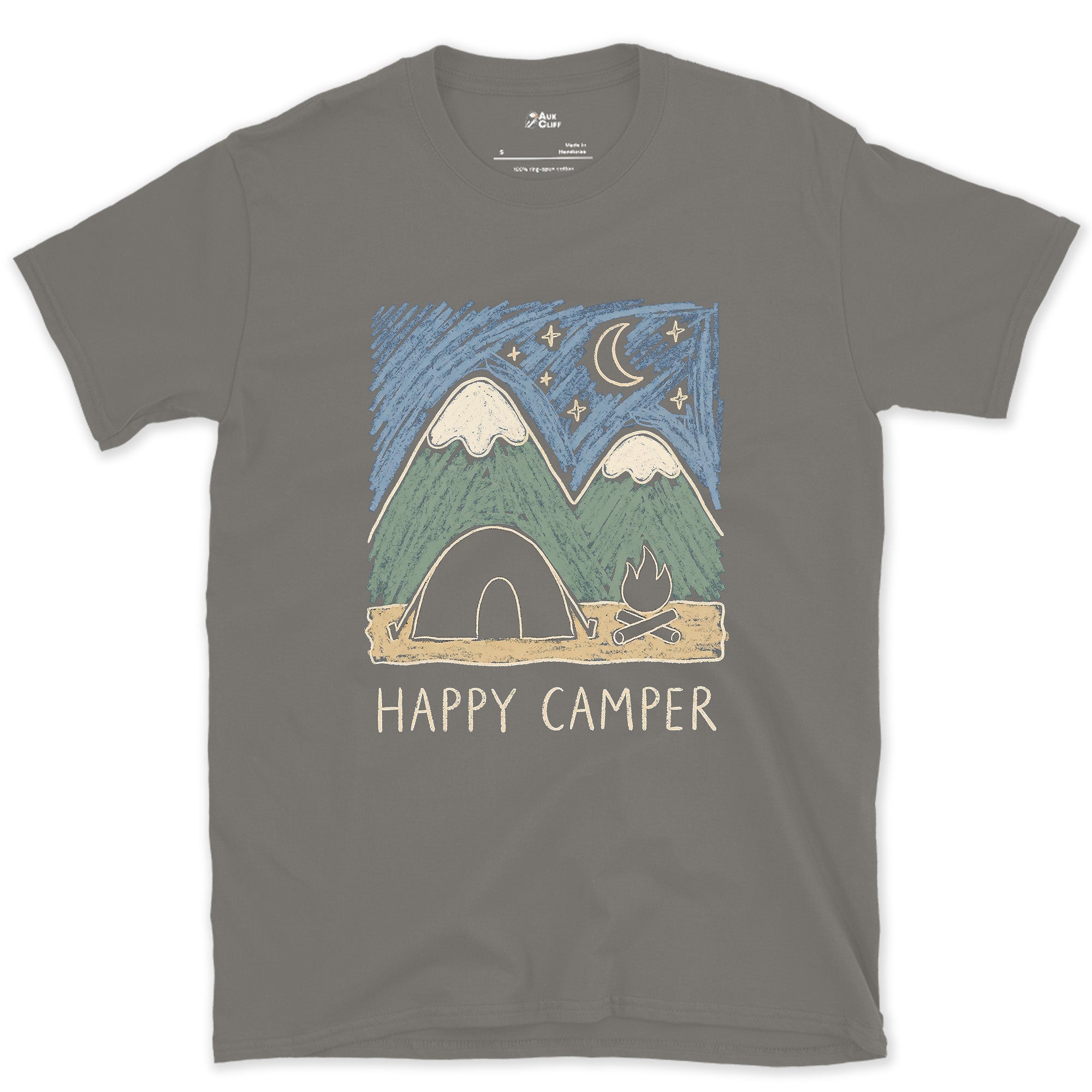 Happy Camper, Fire Below the Mountain design on a Charcoal Gildan Softstyle t-shirt