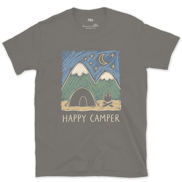 Happy Camper, Fire Below the Mountain design on a Charcoal Gildan Softstyle t-shirt