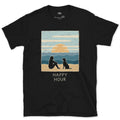 Happy Hour, Woman and Dog on the Beach at Sunset design on a Black Gildan Softstyle t-shirt