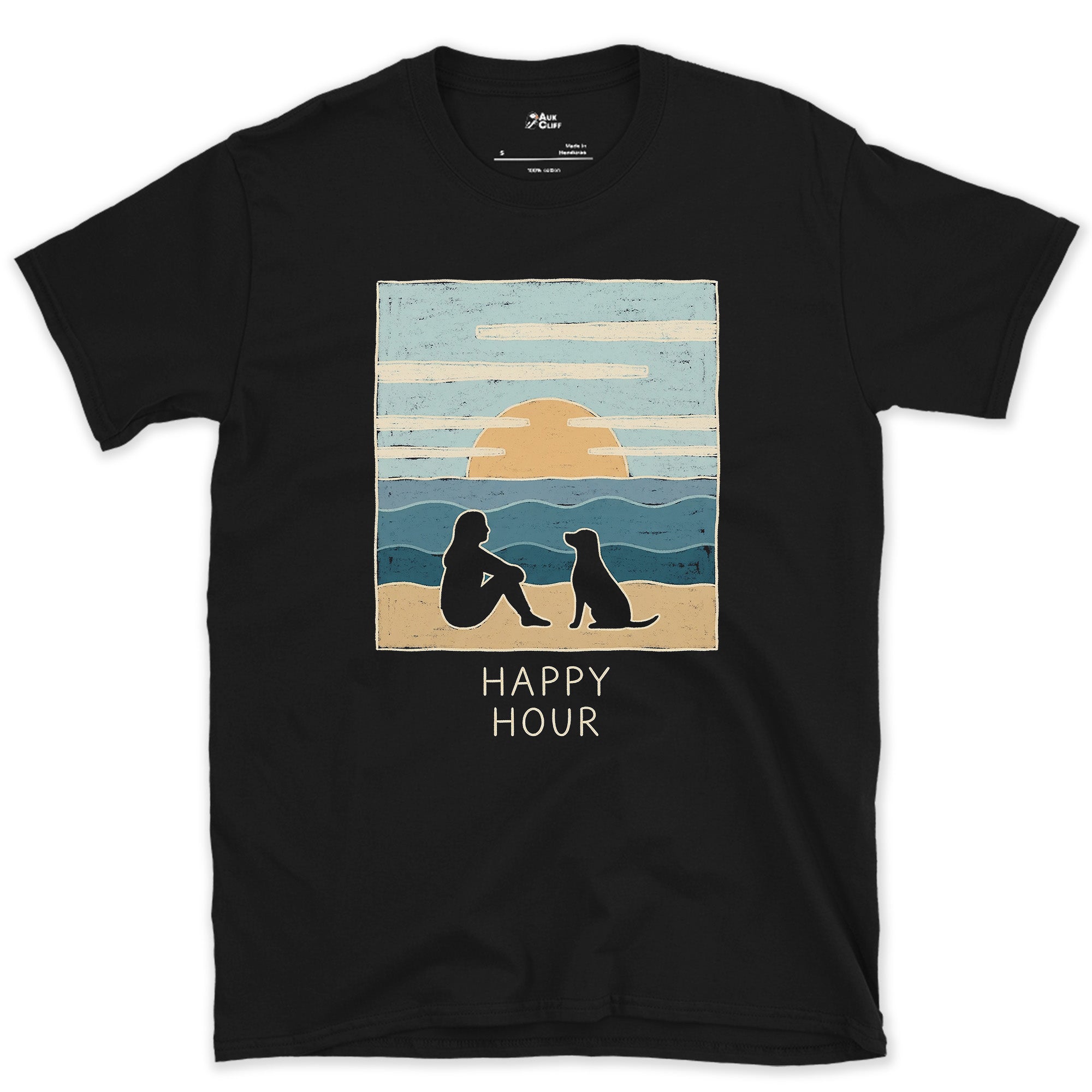 Happy Hour, Woman and Dog on the Beach at Sunset design on a Black Gildan Softstyle t-shirt
