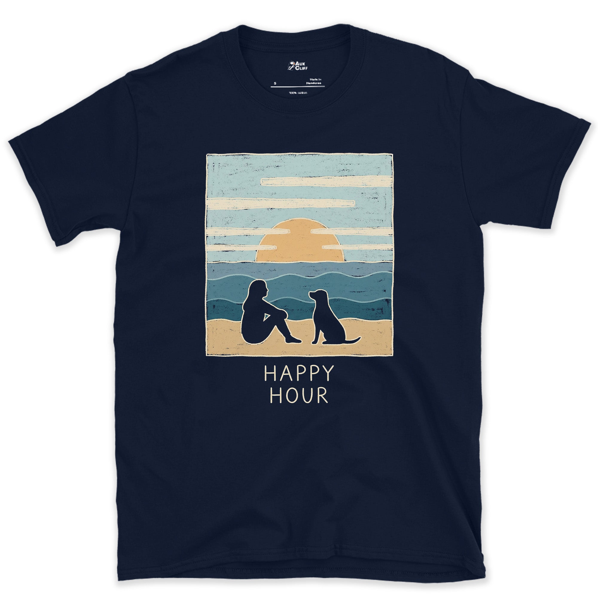 Happy Hour, Woman and Dog on the Beach at Sunset design on a Navy Gildan Softstyle t-shirt