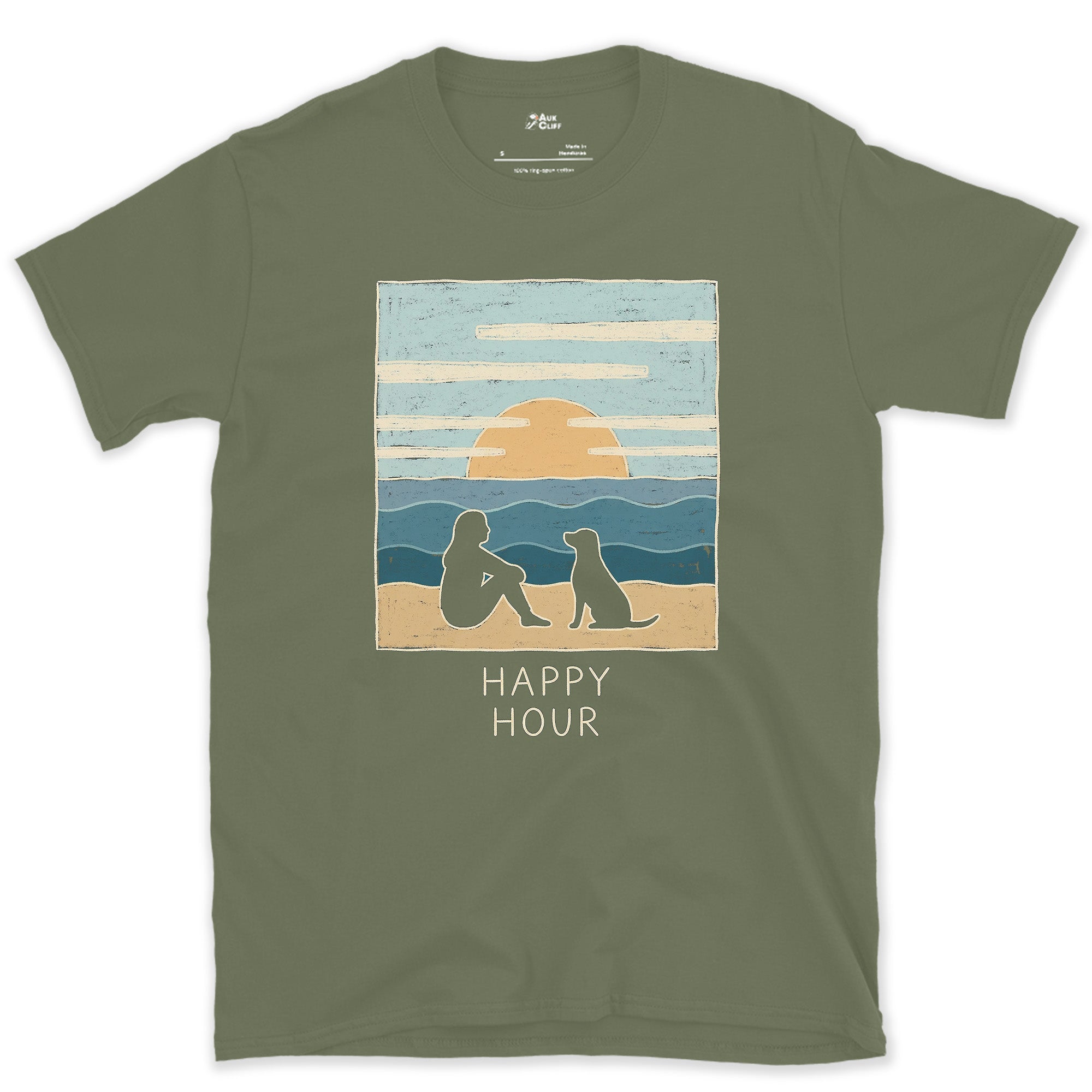 Happy Hour, Woman and Dog on the Beach at Sunset design on a Military Green Gildan Softstyle t-shirt