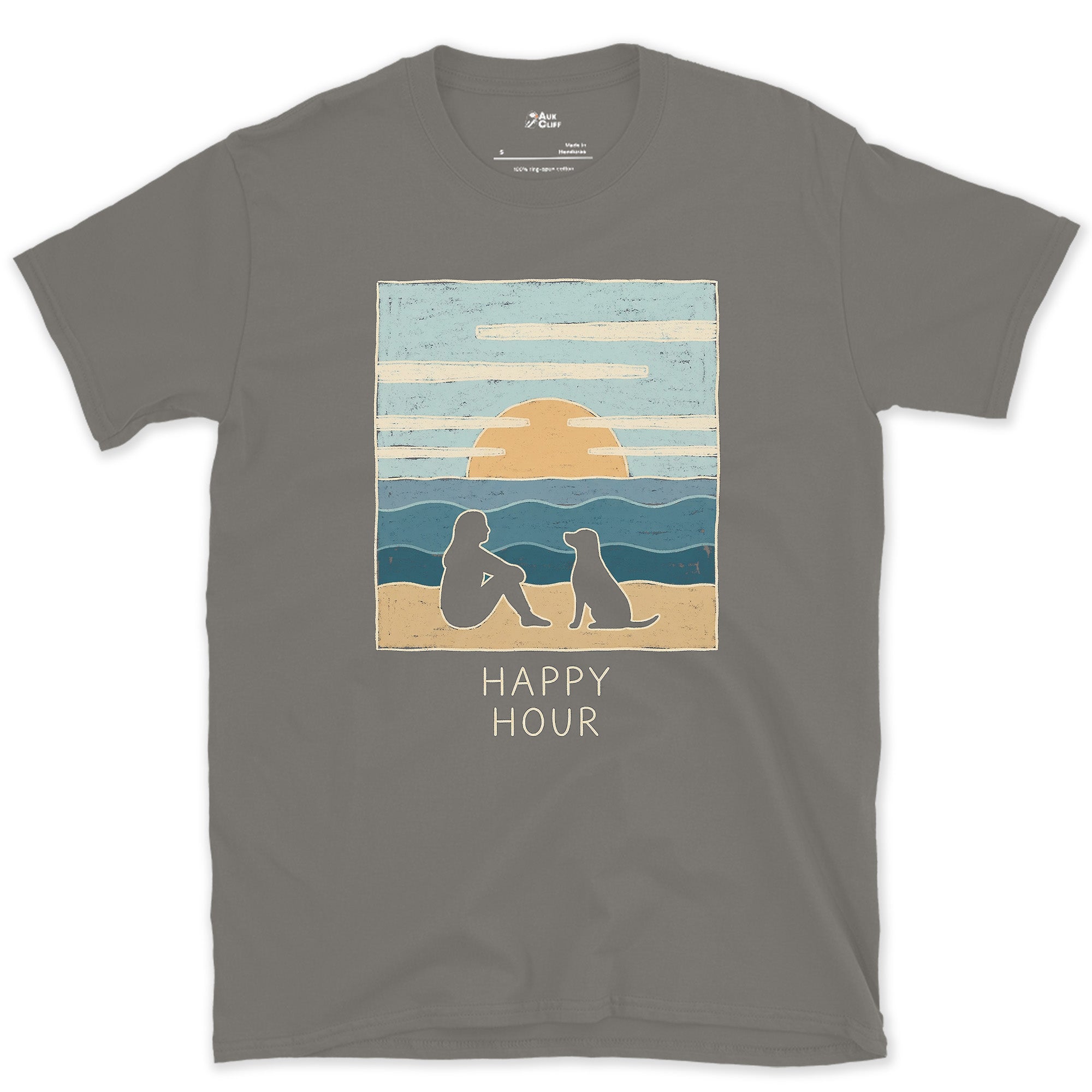 Happy Hour, Woman and Dog on the Beach at Sunset design on a Charcoal Gildan Softstyle t-shirt