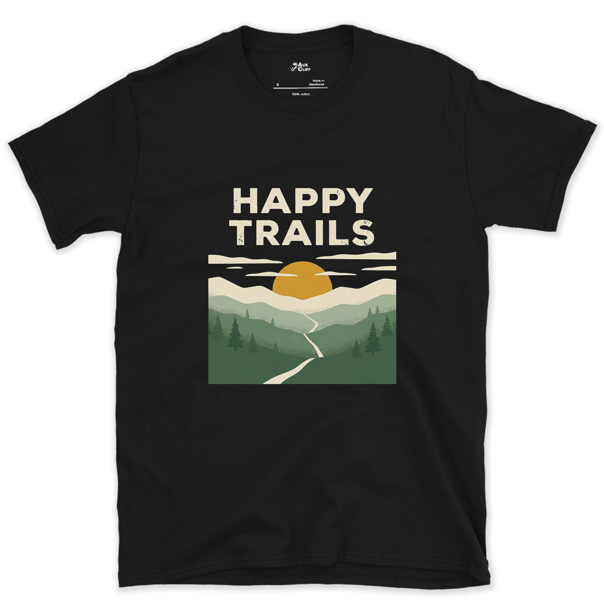 Happy Trails, Sunrise Ridge design on a Black Gildan Softstyle t-shirt
