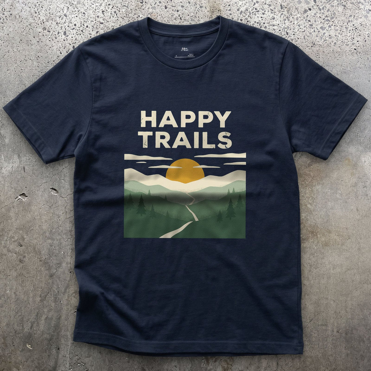 Happy Trails, Sunrise Ridge design on a Navy Gildan Softstyle t-shirt
