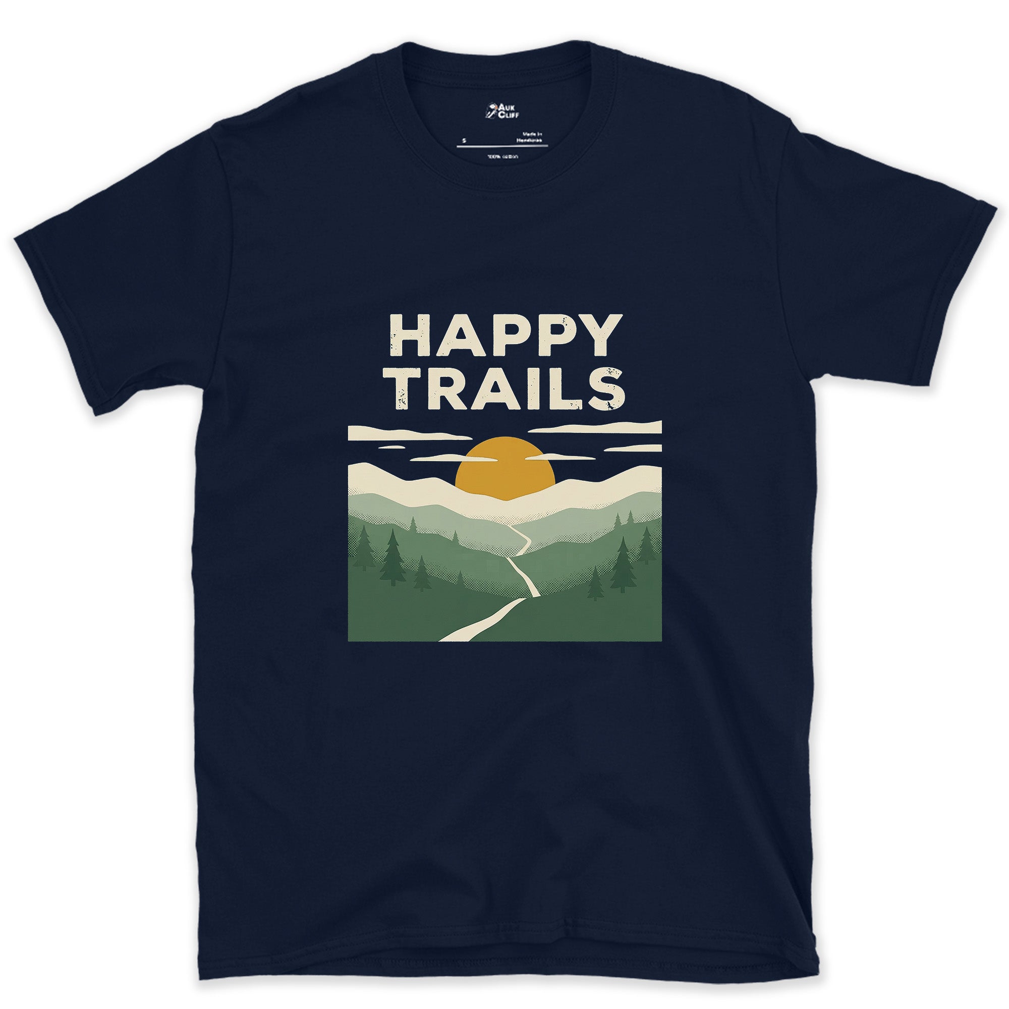 Happy Trails, Sunrise Ridge design on a Navy Gildan Softstyle t-shirt