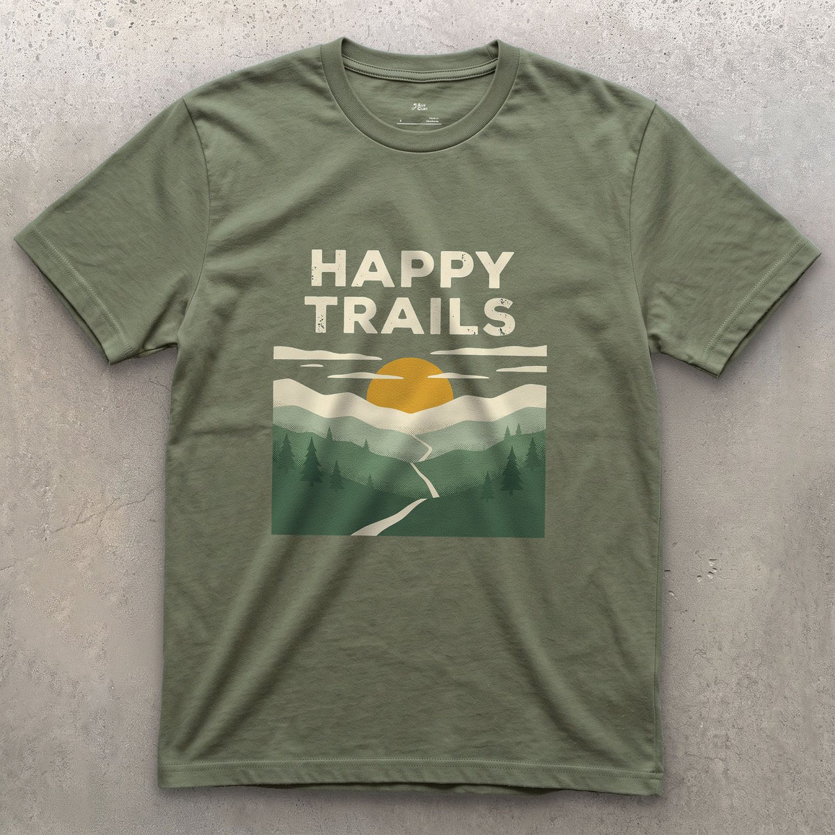 Happy Trails, Sunrise Ridge design on a Military Green Gildan Softstyle t-shirt