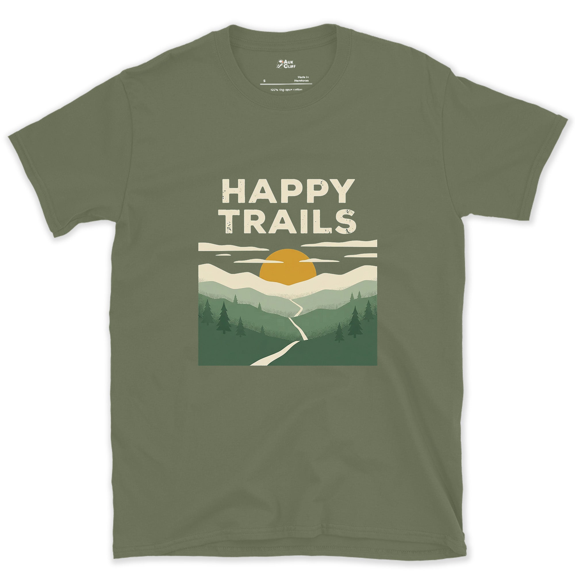 Happy Trails, Sunrise Ridge design on a Military Green Gildan Softstyle t-shirt