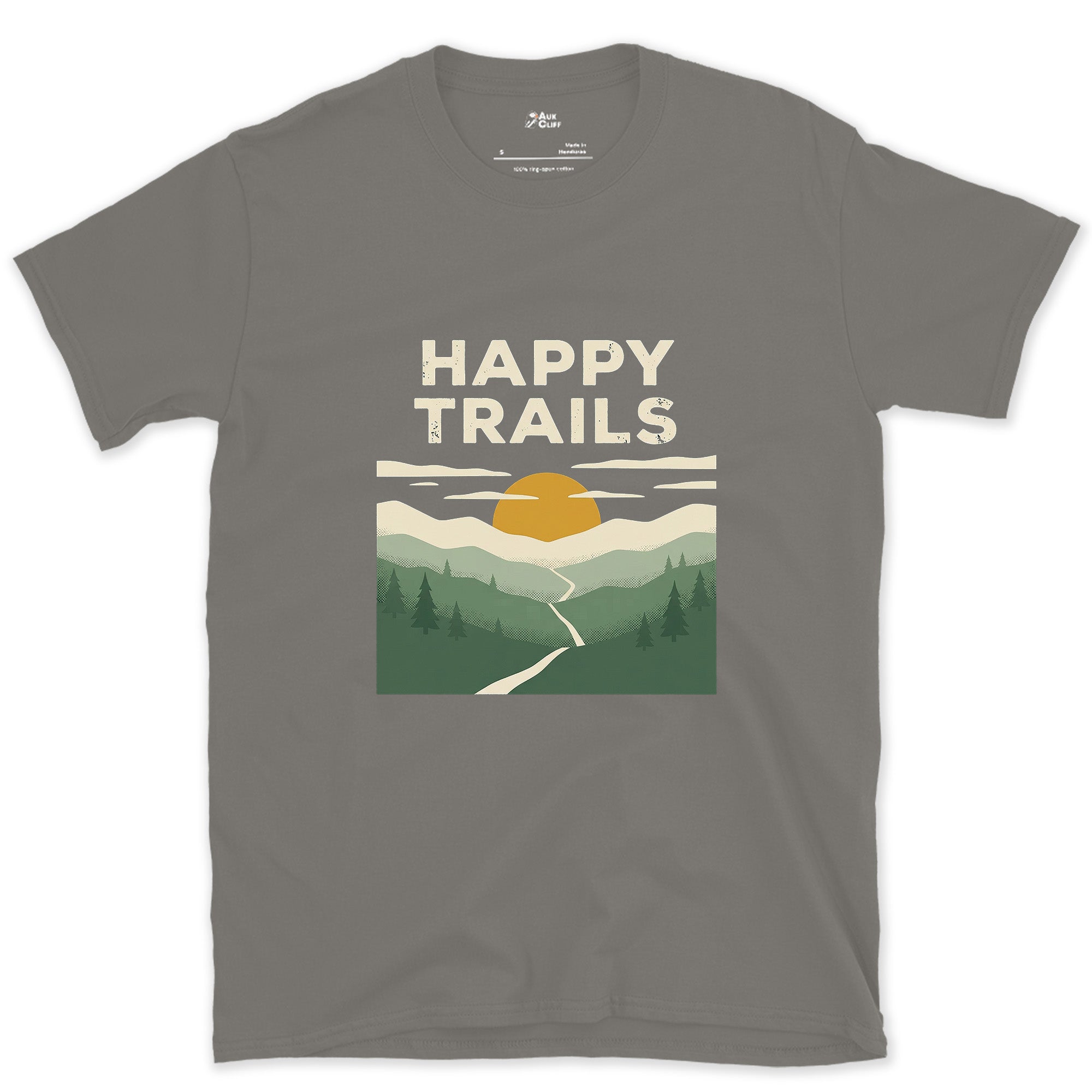 Happy Trails, Sunrise Ridge design on a Charcoal Gildan Softstyle t-shirt