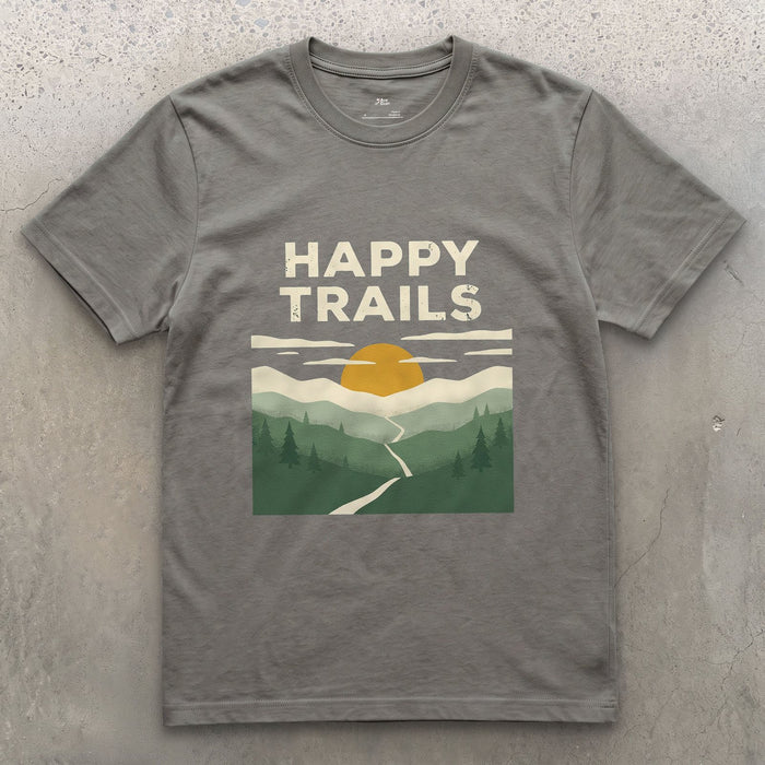 Happy Trails, Sunrise Ridge design on a Charcoal Gildan Softstyle t-shirt