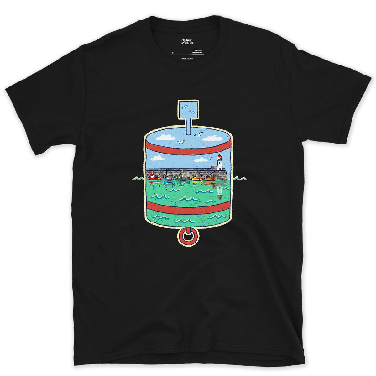 Harbour Mouth, Port Hand Buoy design on a Black Gildan Softstyle t-shirt