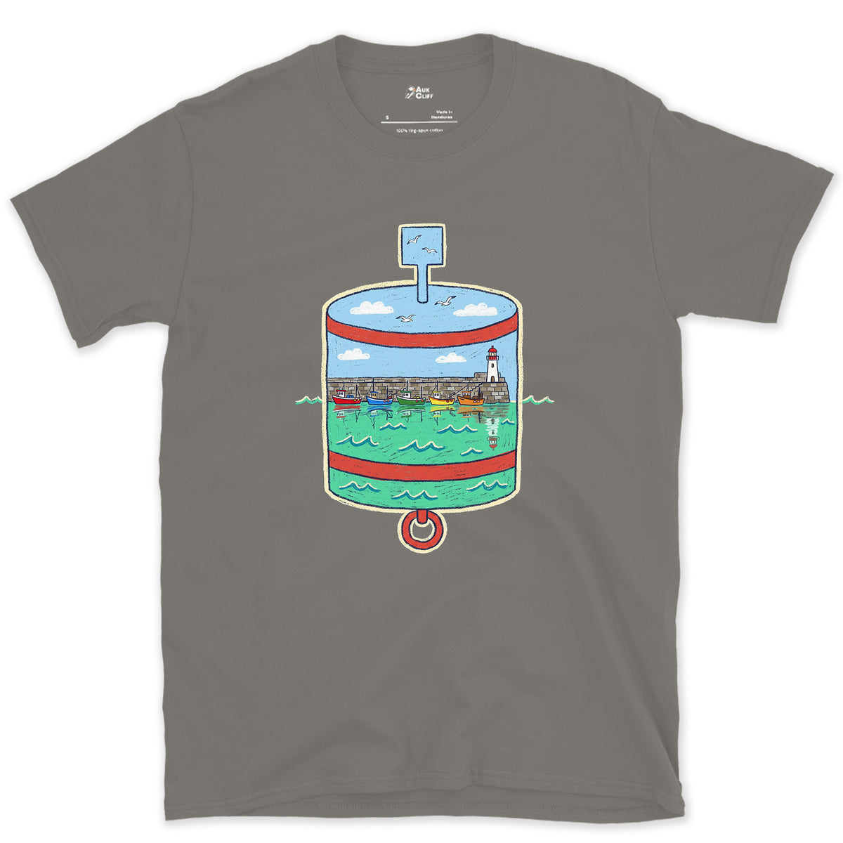 Harbour Mouth, Port Hand Buoy design on a Charcoal Gildan Softstyle t-shirt