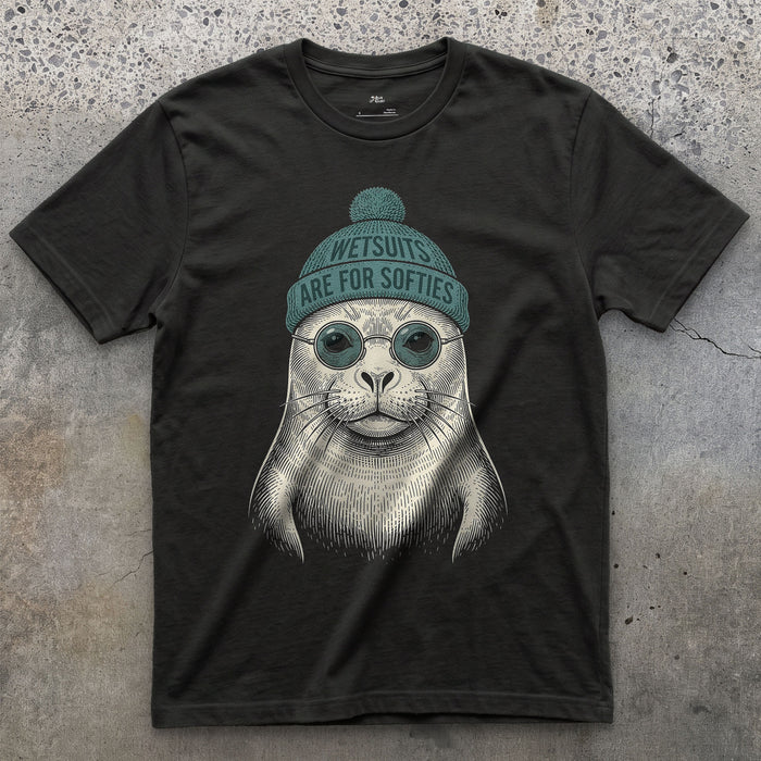 Wetsuits Are for Softies, Harbour Seal design on a Black Gildan Softstyle t-shirt