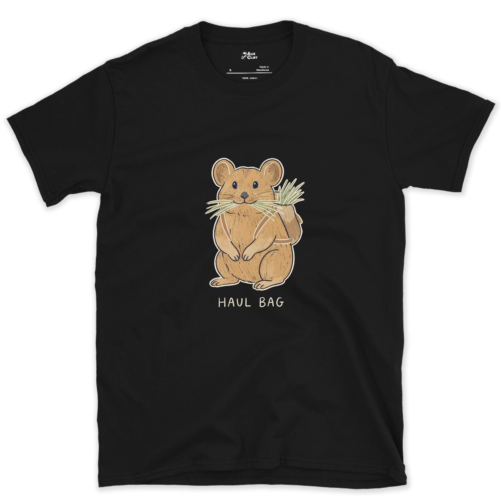 Big Wall Haul Bag, Pika Hauling Hay design on a Black Gildan Softstyle t-shirt