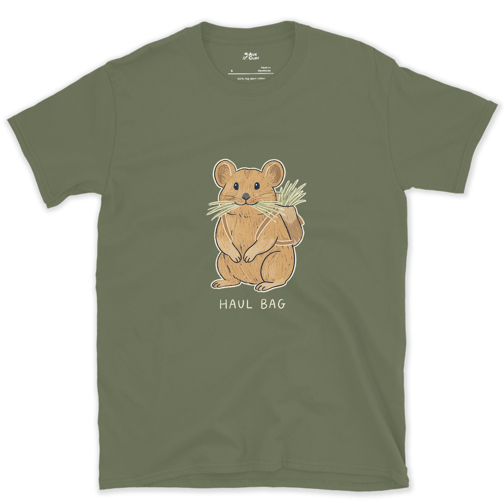 Big Wall Haul Bag, Pika Hauling Hay design on a Military Green Gildan Softstyle t-shirt