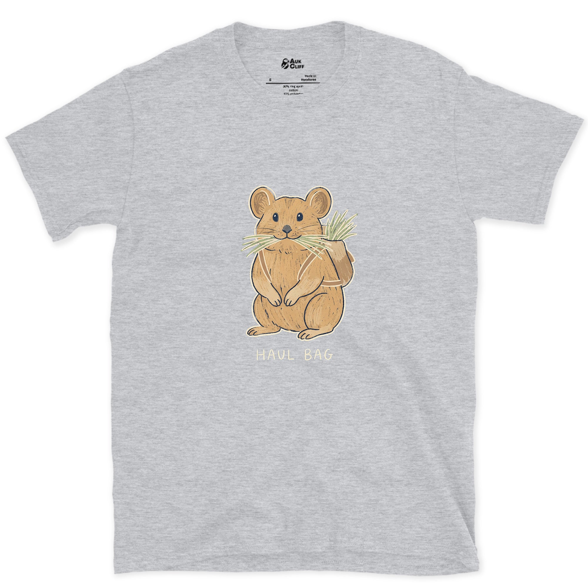 Big Wall Haul Bag, Pika Hauling Hay design on a Sport Grey Gildan Softstyle t-shirt