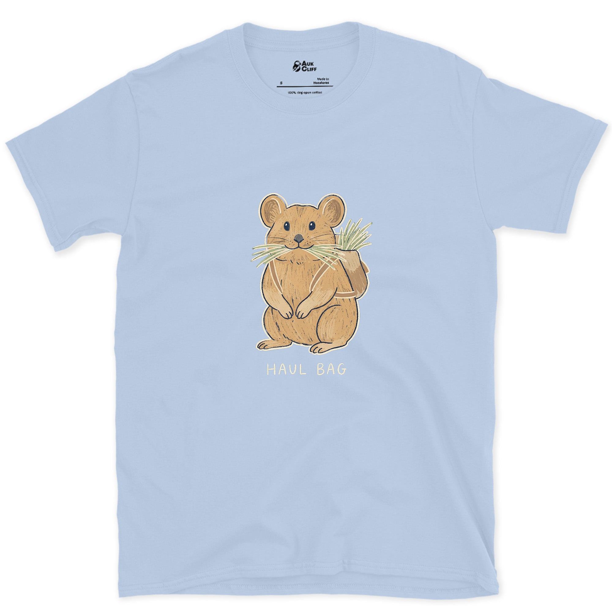 Big Wall Haul Bag, Pika Hauling Hay design on a Light Blue Gildan Softstyle t-shirt