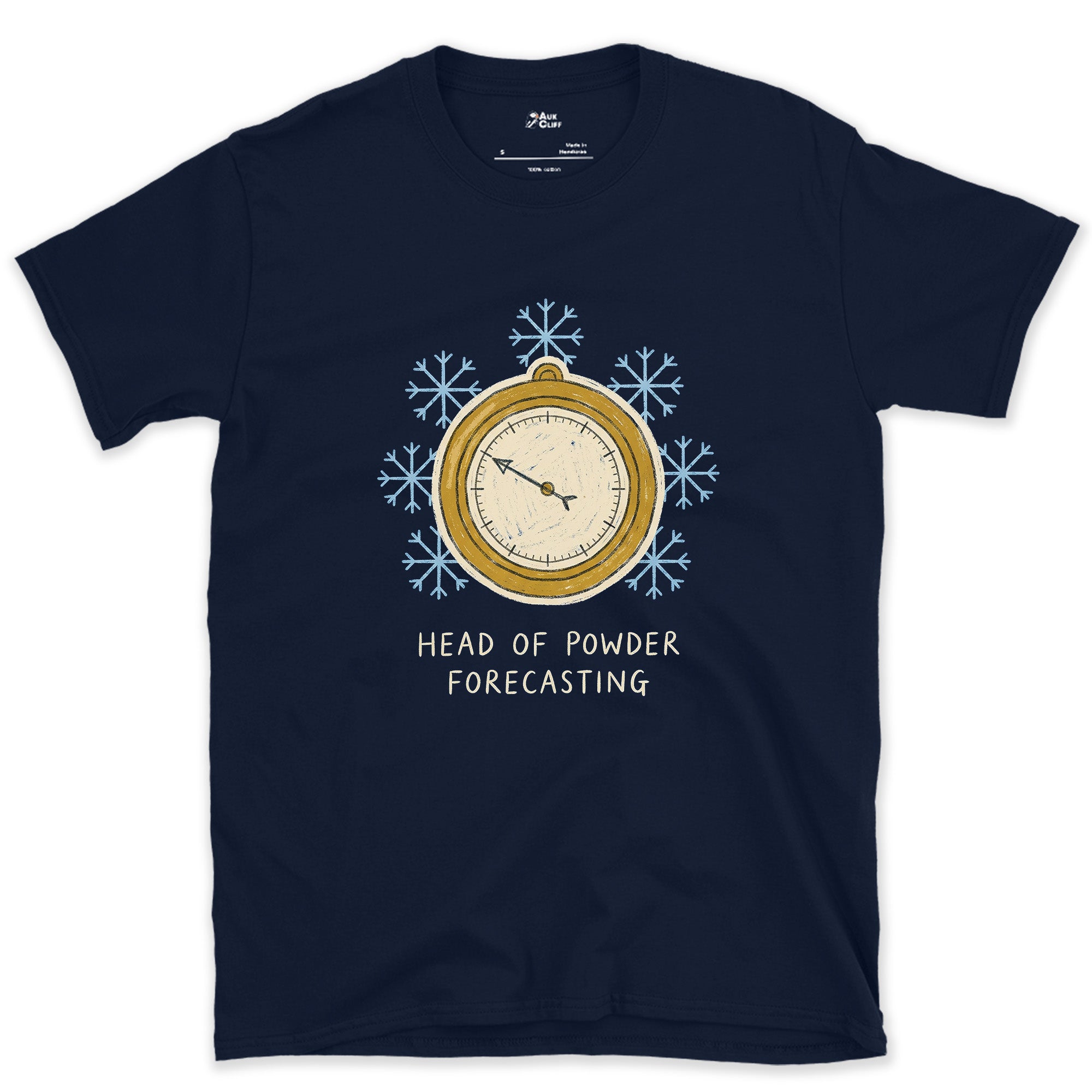 Head of Powder Forecasting, Barometer in Snow design on a Navy Gildan Softstyle t-shirt