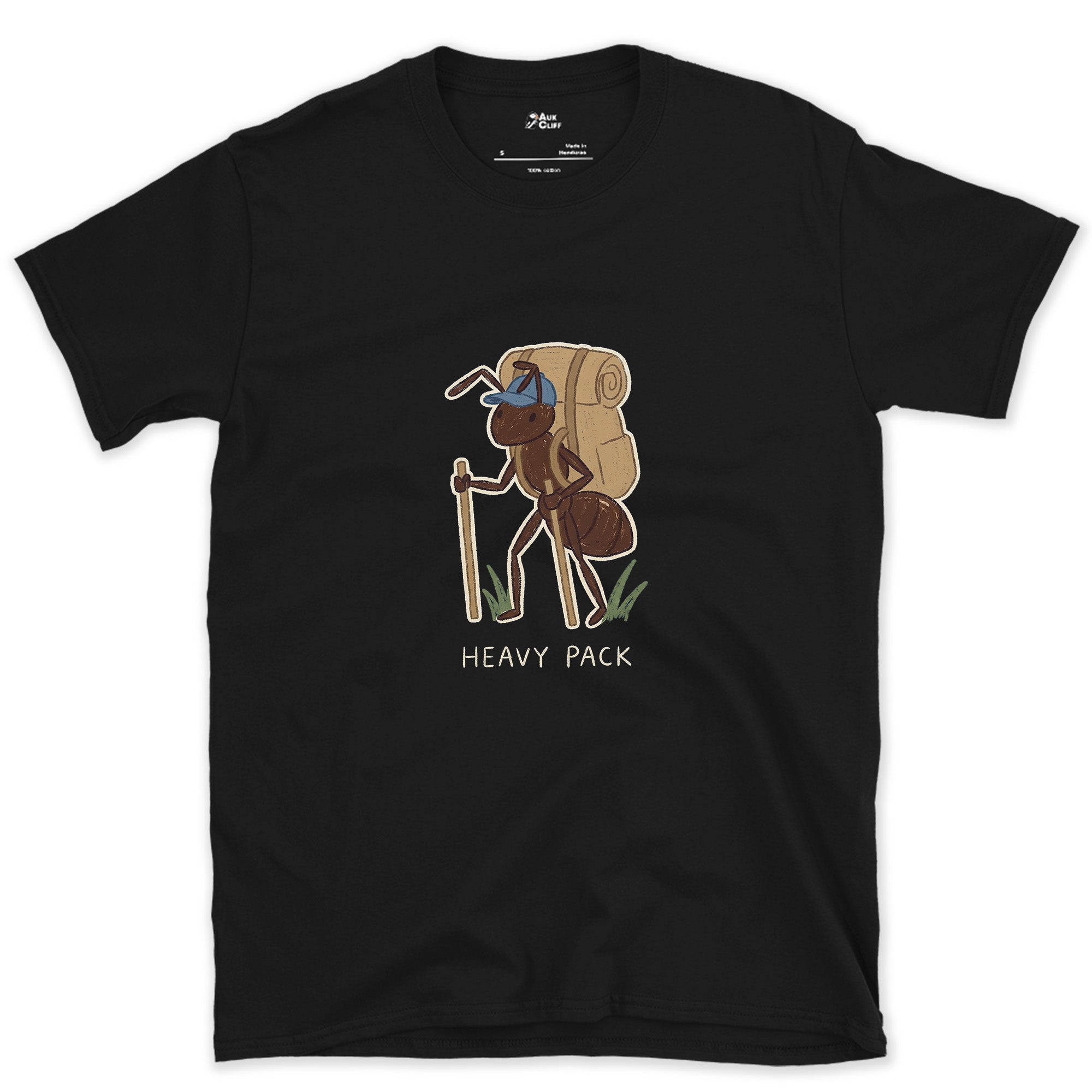 Heavy Pack, Ant on the Trail design on a Black Gildan Softstyle t-shirt