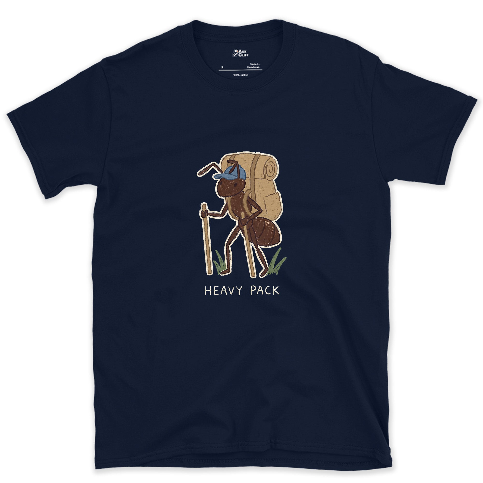 Heavy Pack, Ant on the Trail design on a Navy Gildan Softstyle t-shirt