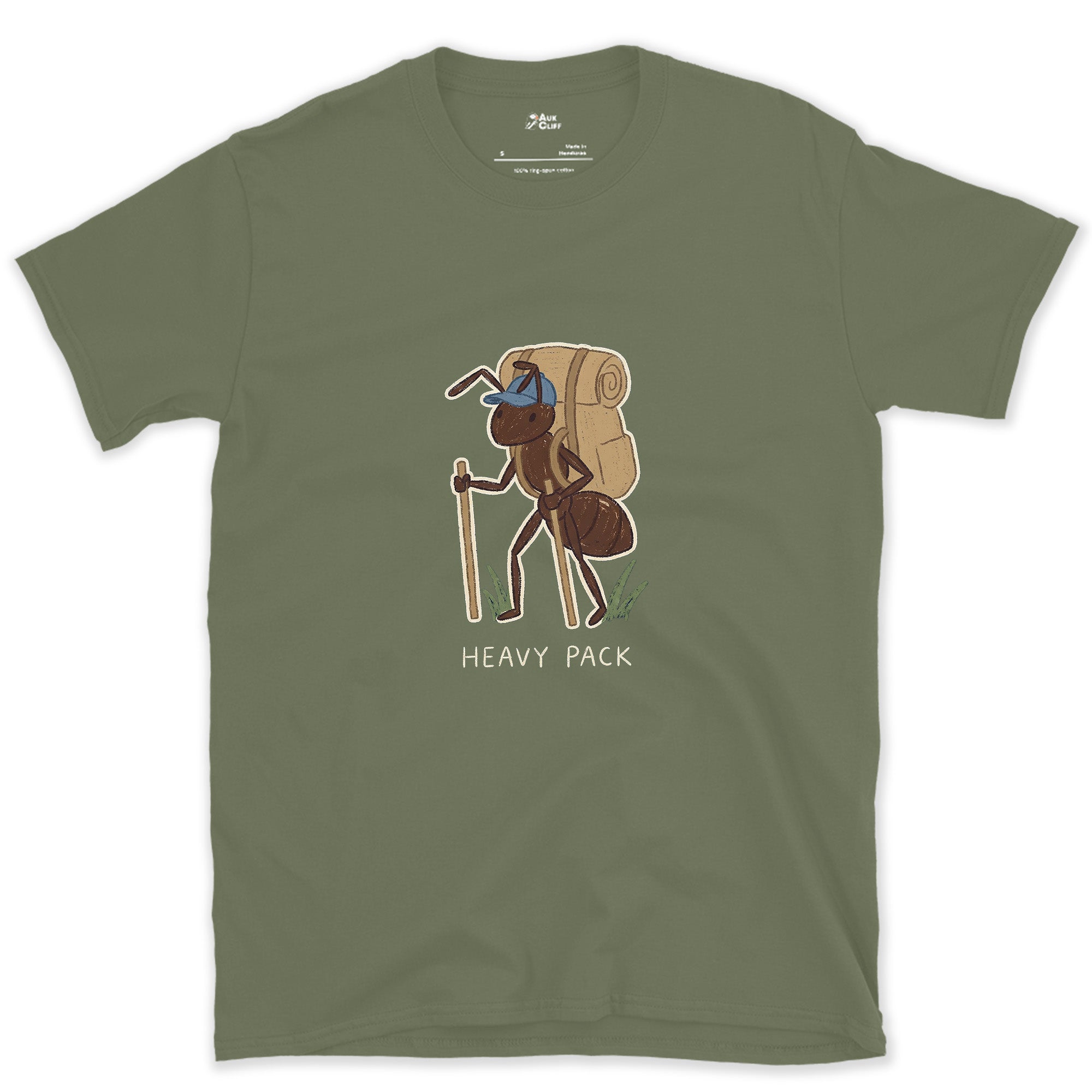 Heavy Pack, Ant on the Trail design on a Military Green Gildan Softstyle t-shirt