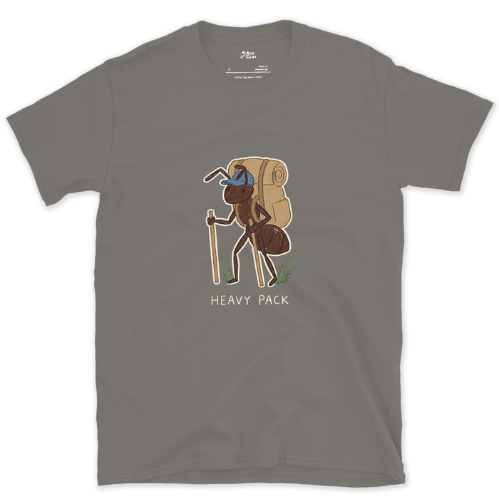Heavy Pack, Ant on the Trail design on a Charcoal Gildan Softstyle t-shirt