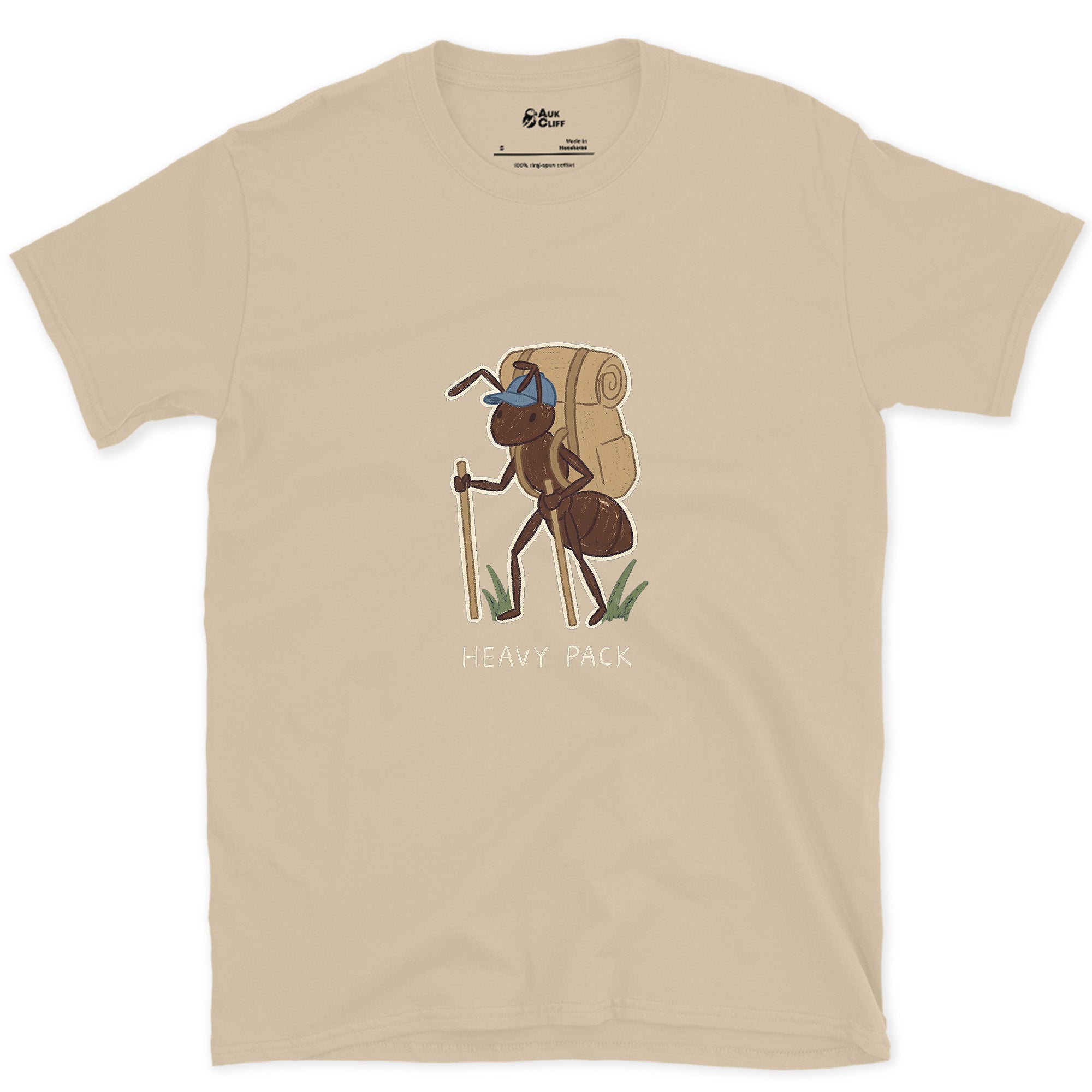 Heavy Pack, Ant on the Trail design on a Sand Gildan Softstyle t-shirt