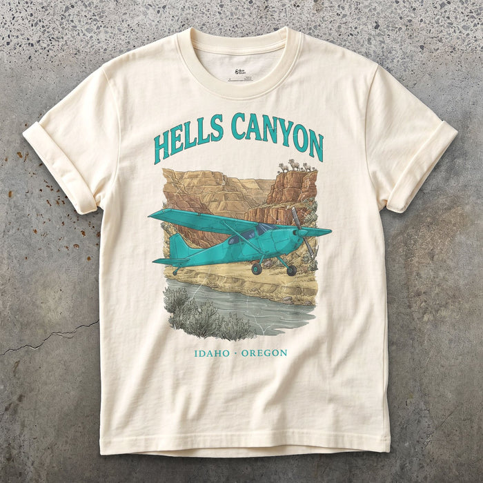 Hells Canyon Bush Plane design on a Natural Gildan Softstyle t-shirt