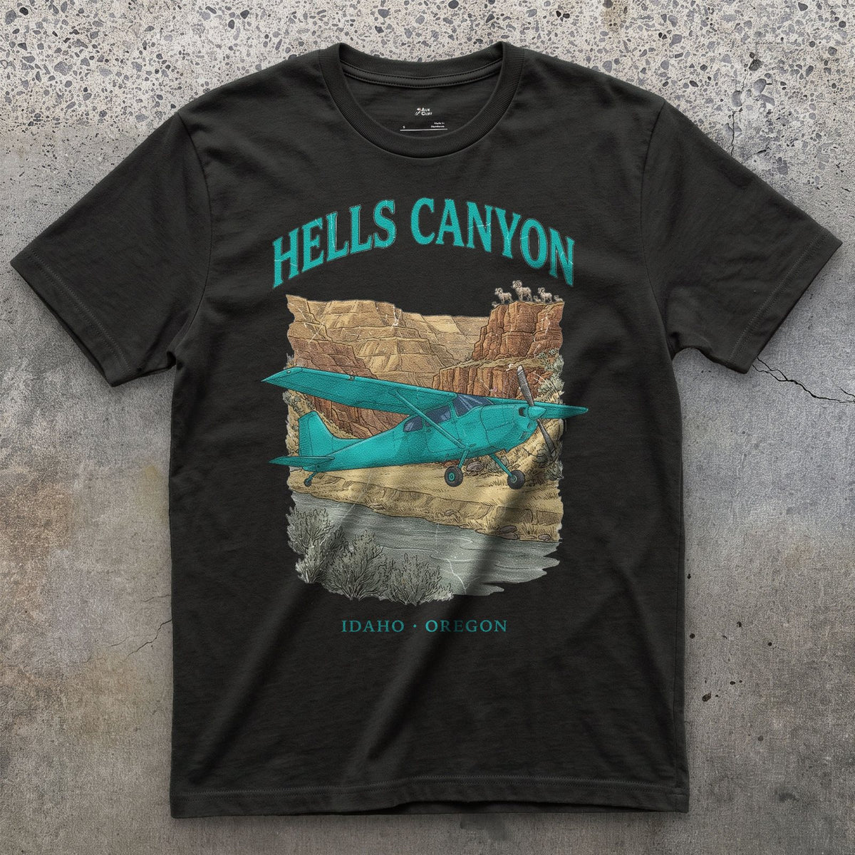 Hells Canyon Bush Plane design on a Black Gildan Softstyle t-shirt