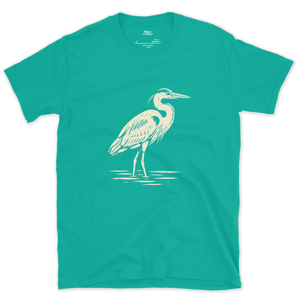 Waiting Longer Than You Will, Heron design on a Jade Dome Gildan Softstyle t-shirt
