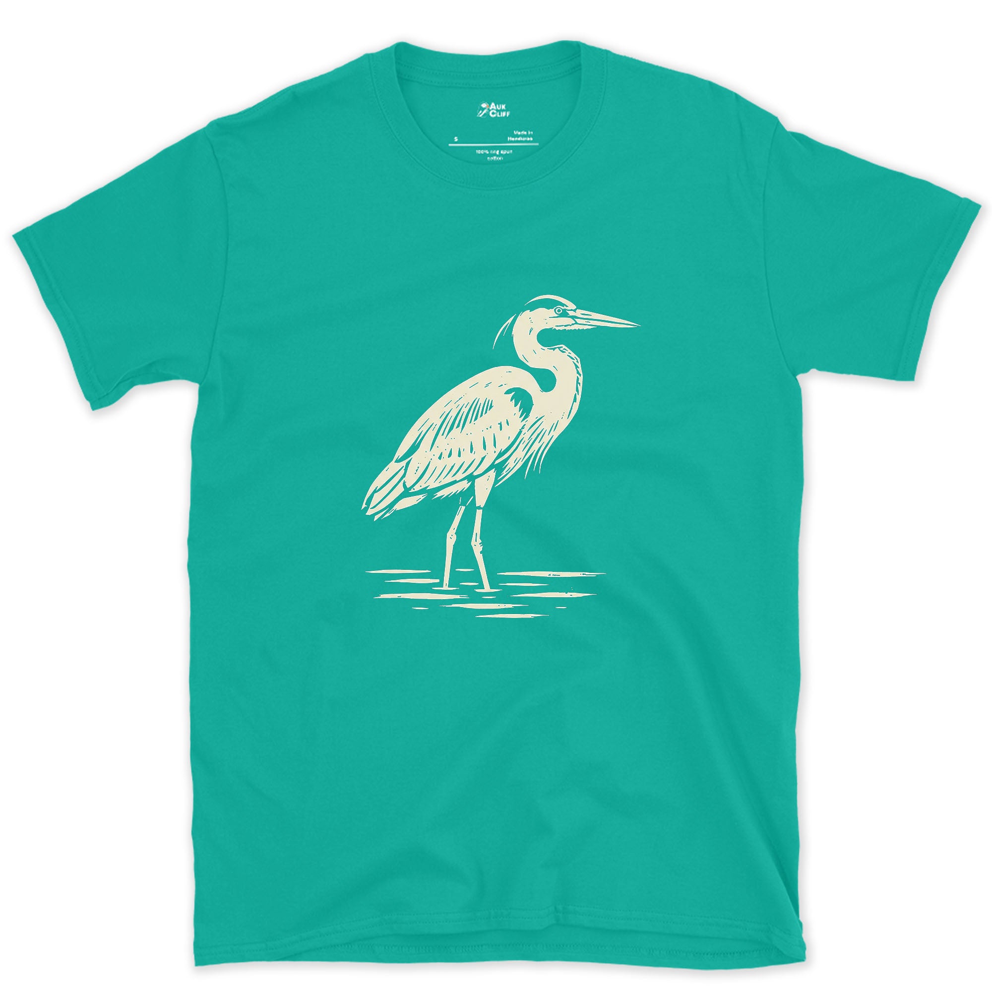 Waiting Longer Than You Will, Heron design on a Jade Dome Gildan Softstyle t-shirt