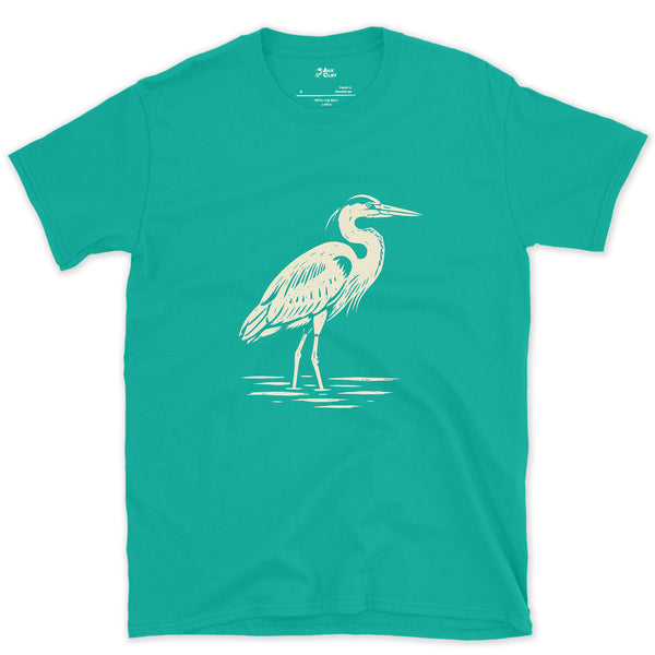 Waiting Longer Than You Will, Heron design on a Jade Dome Gildan Softstyle t-shirt