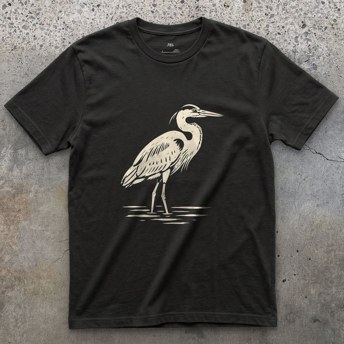 Waiting Longer Than You Will, Heron design on a Black Gildan Softstyle t-shirt