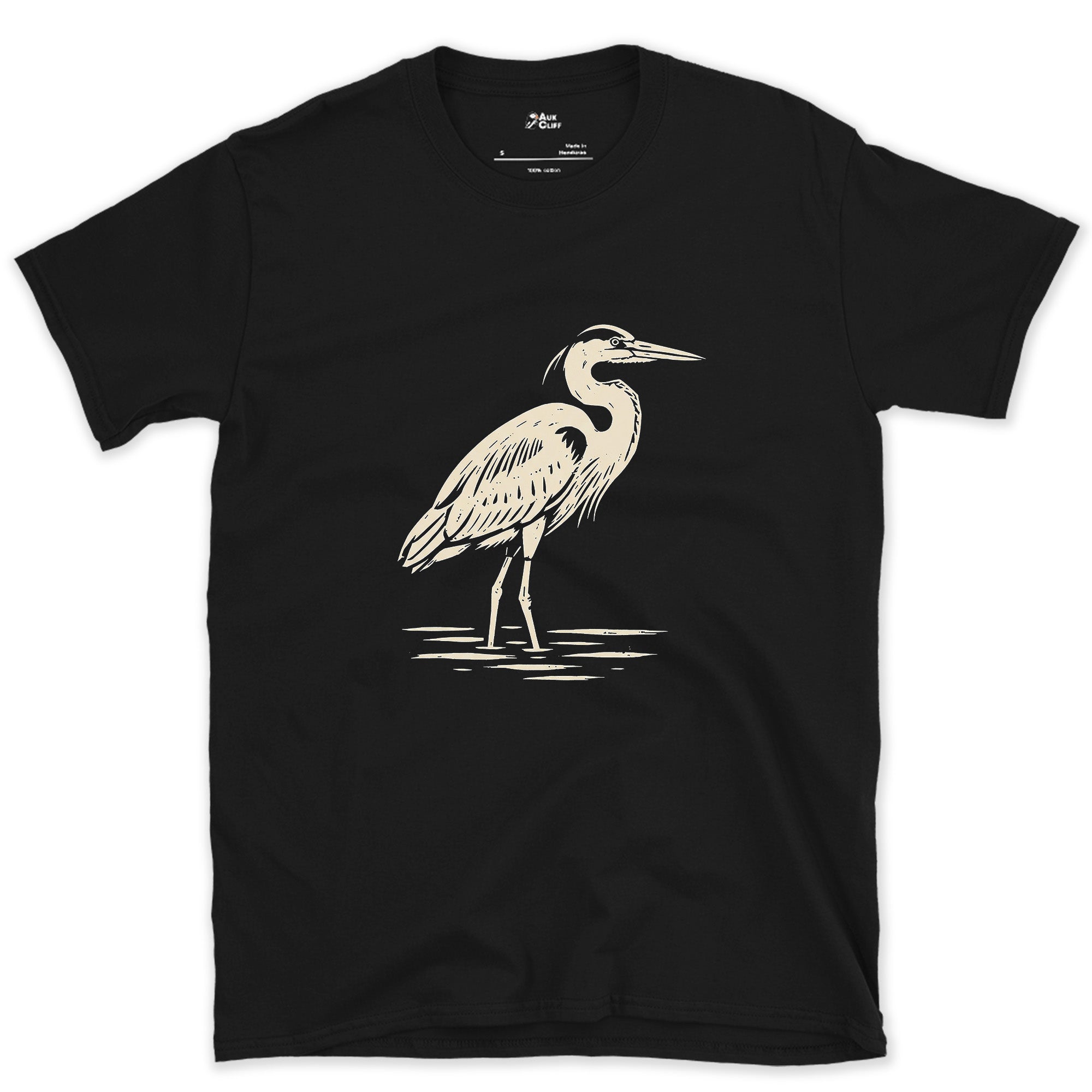 Waiting Longer Than You Will, Heron design on a Black Gildan Softstyle t-shirt